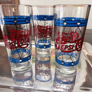 Vtg PEPSI Stained Glass Tumblers Barware Glasses Drinking 70s Retro Bar Man Cave